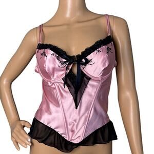 Sophie b Satin and Lace Corset Bubble Gum Pink Black Lace Size L NWOT Coquette